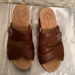 Brioso Ladera Leather Crossband Covered Wedge Slide Sandals